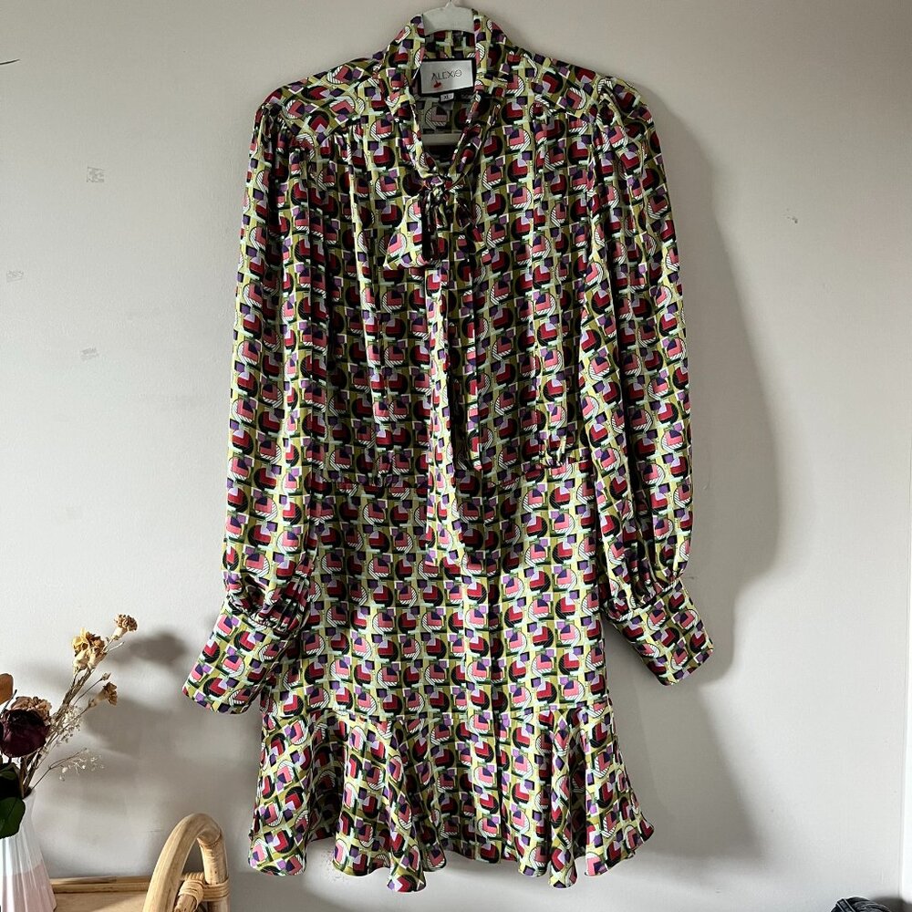 ALEXIS Mirene Tie-Neck Geo-Print Mini Dress size: XL